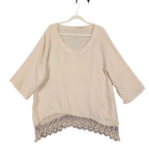 STELLA MARTINI Pink Linen Lace Hem Tunic Top Fairy Coquette Lagenlook SIZE 2X